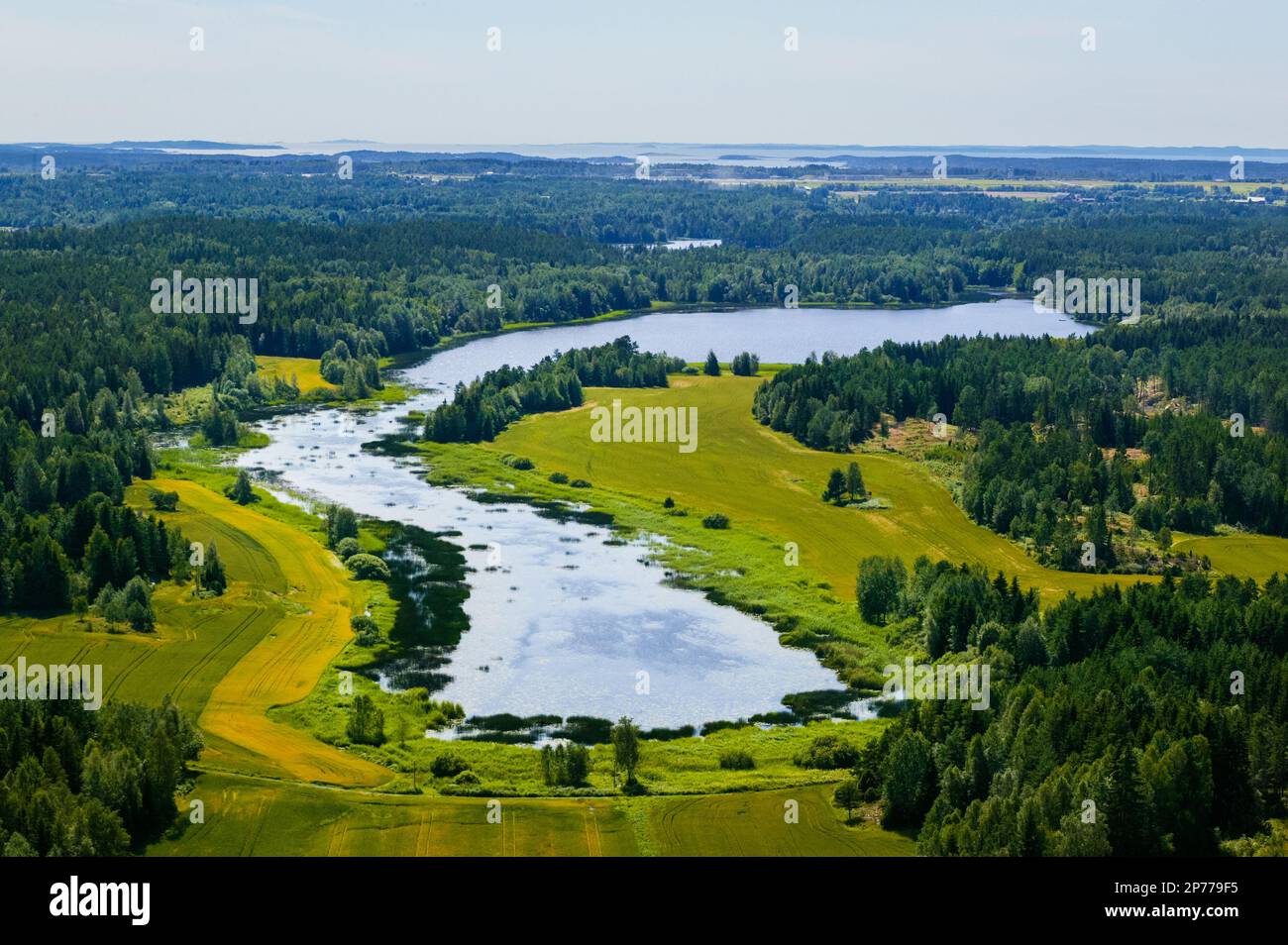 Vista aerea su una parte del lago Vansjø chiamata Rødsengkilen a Østfold, Norvegia, Scandinavia. Foto Stock