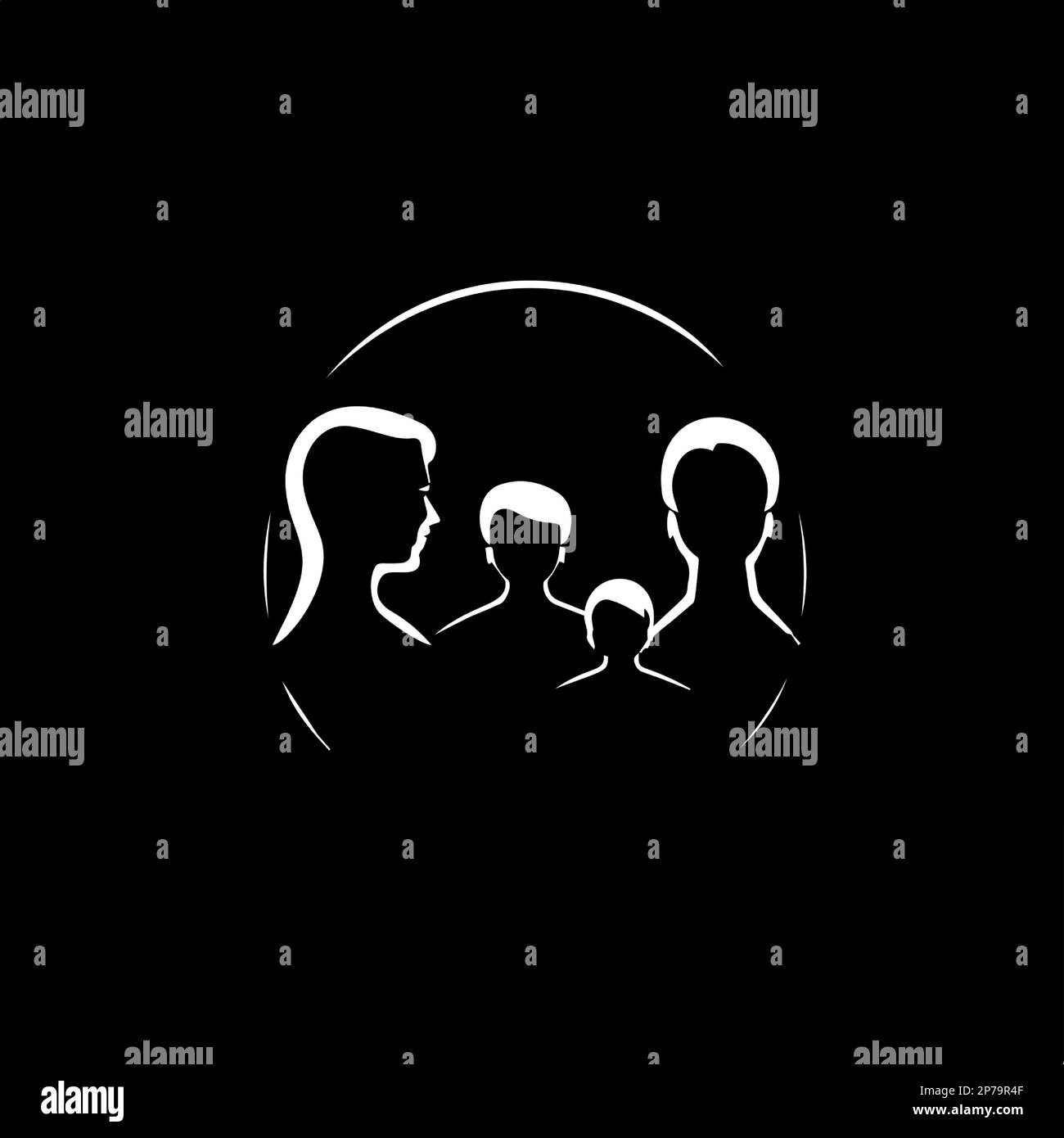 Modello minimalistico con logo, icona bianca con silhouette di famiglia su sfondo nero, moderno logo concept per l'identità aziendale, stampa t-shirt Illustrazione Vettoriale