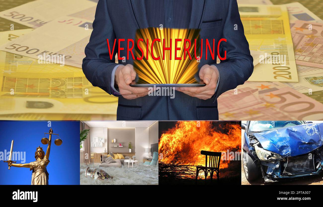 Immagine simbolica, assicurazione, legge, contenuti domestici, fuoco, incidente, proprietà domestica, affitto, copertura, perdita, Somma assicurata, accantonamento, Germania Foto Stock