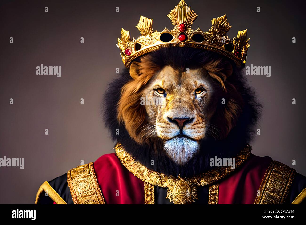 Il leone vestito di vestiti di re e la corona sulla sua testa Foto stock -  Alamy