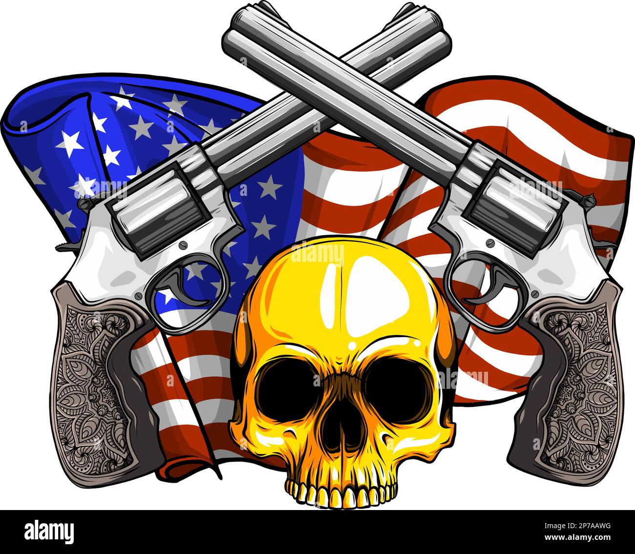 Cranio sorridente con rivoltelle con bandiera americana Illustrazione Vettoriale