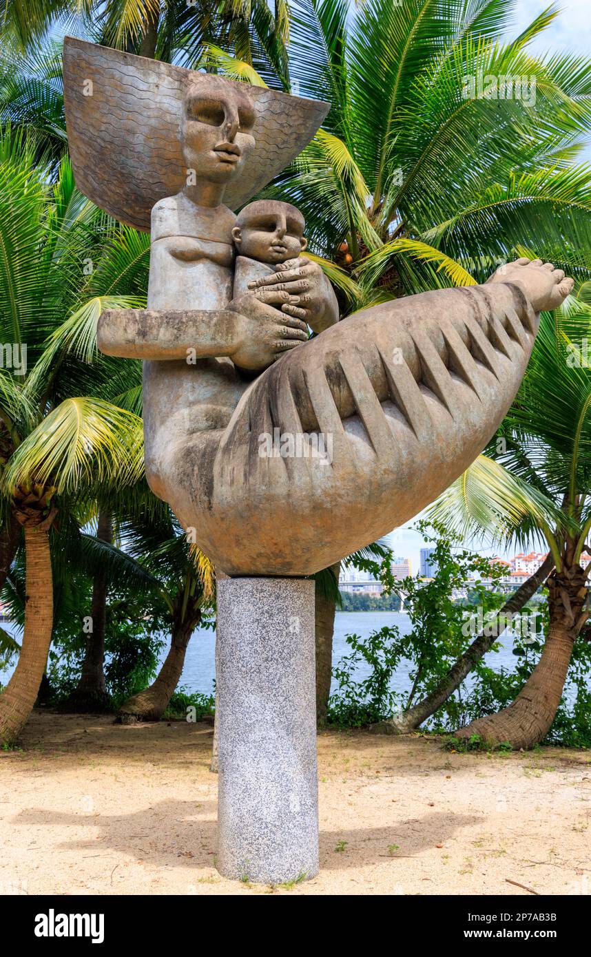 Statua in bronzo "madre e bambino" del Dr. Ng Eng Teng presso i Giardini della Baia, Singapore Foto Stock