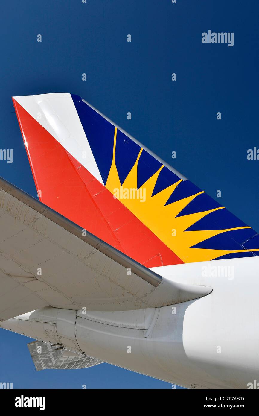 Philippine Airlines, Airbus A340, taidlane, timone, aeroporto di Monaco, Alta Baviera, Baviera, Germania Foto Stock