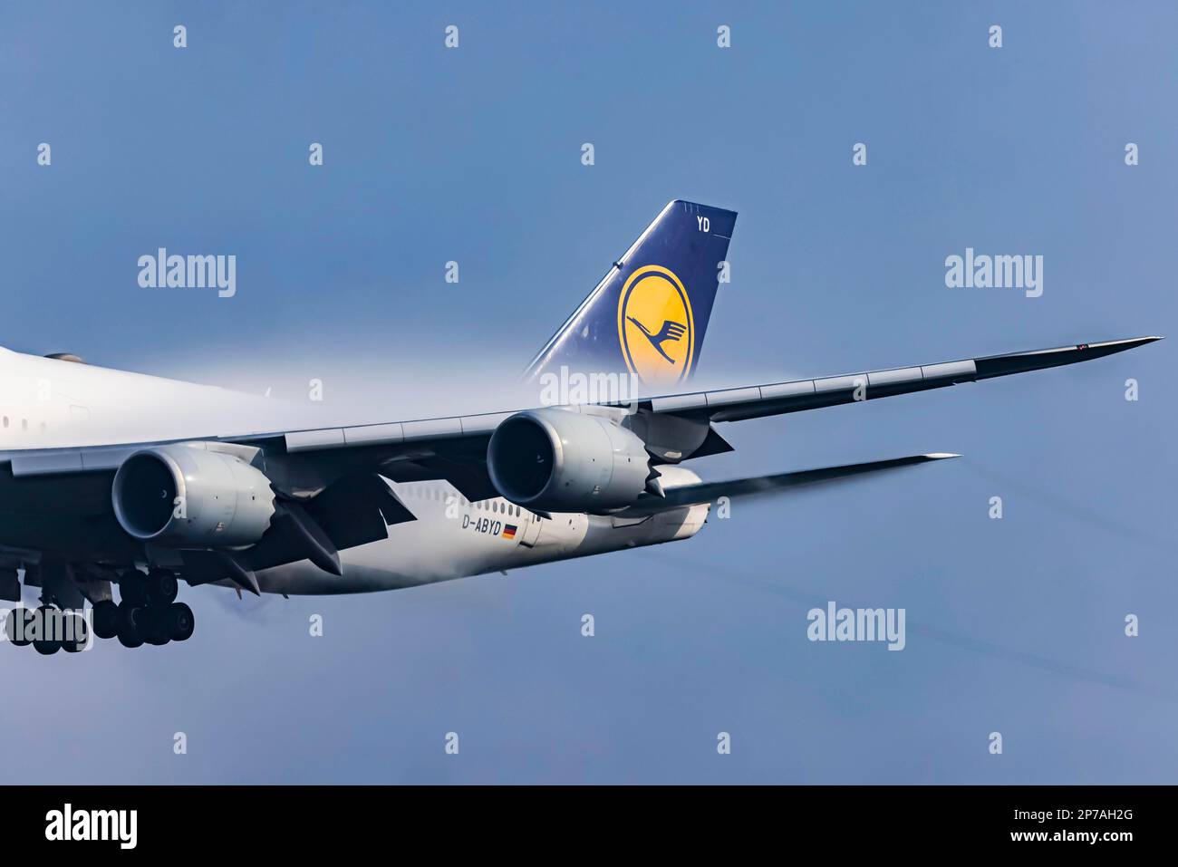 Aeroporto di Fraport, Lufthansa Boeing 747-8 in avvicinamento a Fraport, Francoforte sul meno, Assia, Germania Foto Stock