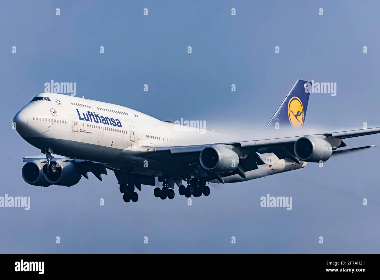 Aeroporto di Fraport, Lufthansa Boeing 747-8 in avvicinamento a Fraport, Francoforte sul meno, Assia, Germania Foto Stock