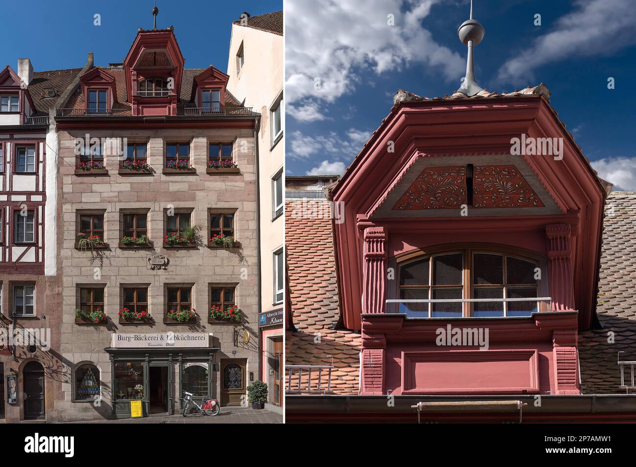 Storico edificio residenziale e commerciale con finestra dormitorio, completamente ristrutturato dal centro storico amici di Norimberga, Bergstrasse 23 Foto Stock