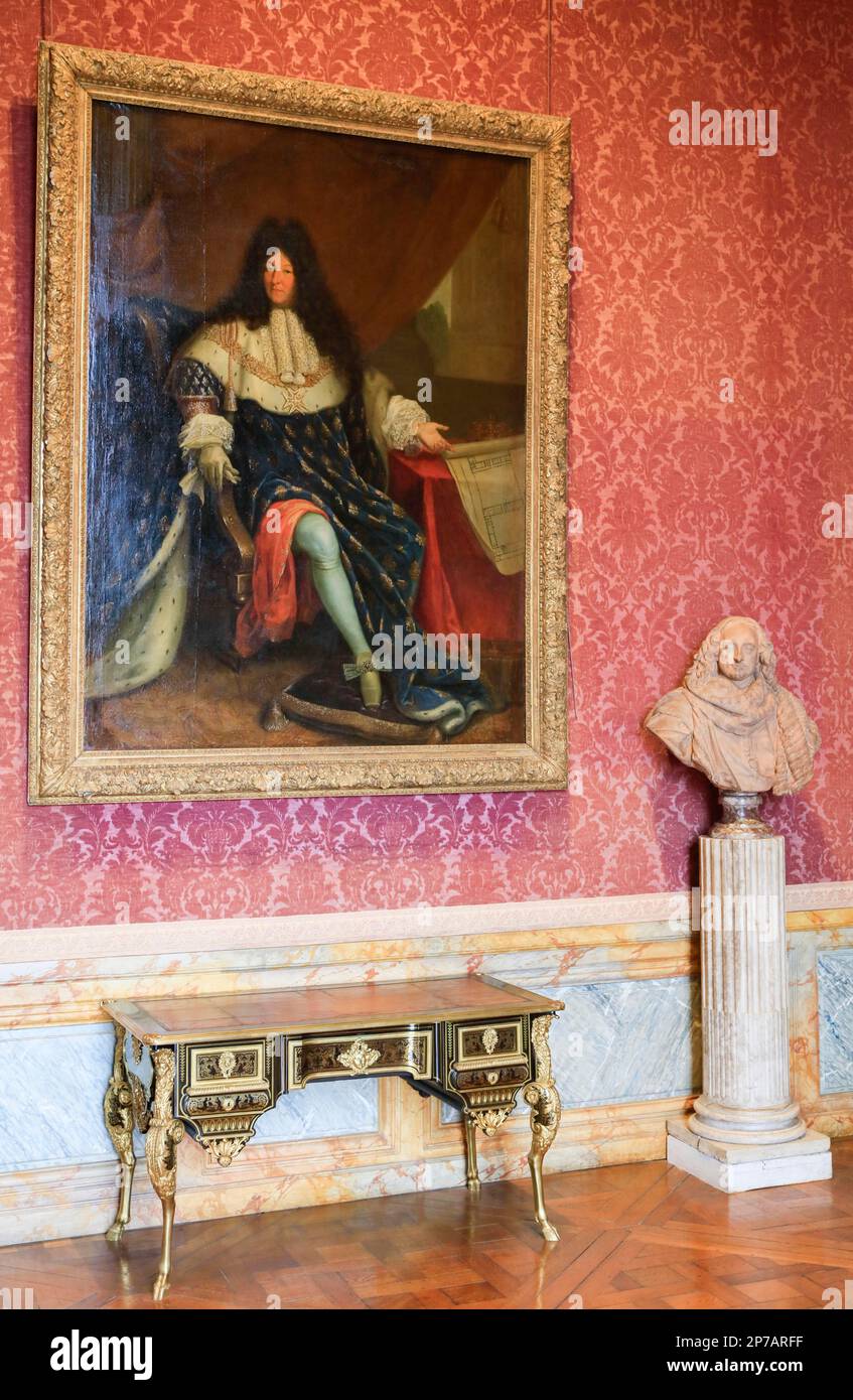 Dipinto di re Luigi XIV, Chateau de Versailles, Dipartimento degli Yvelines, Regione Ile-de-France, Francia Foto Stock