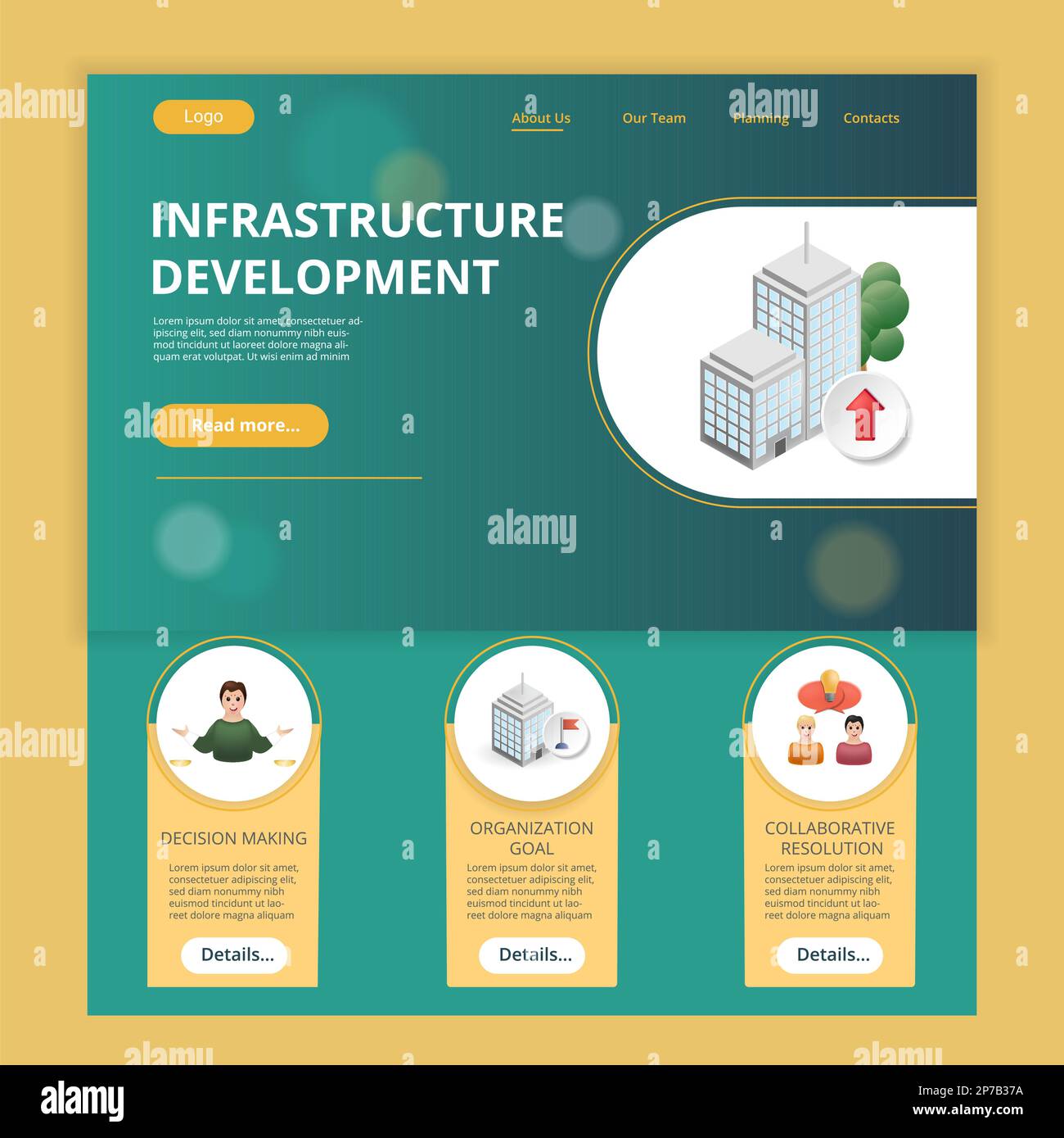 Modello di sito Web flat landing page per lo sviluppo dell'infrastruttura. Processo decisionale, obiettivo dell'organizzazione, risoluzione collaborativa. Banner Web con intestazione Illustrazione Vettoriale