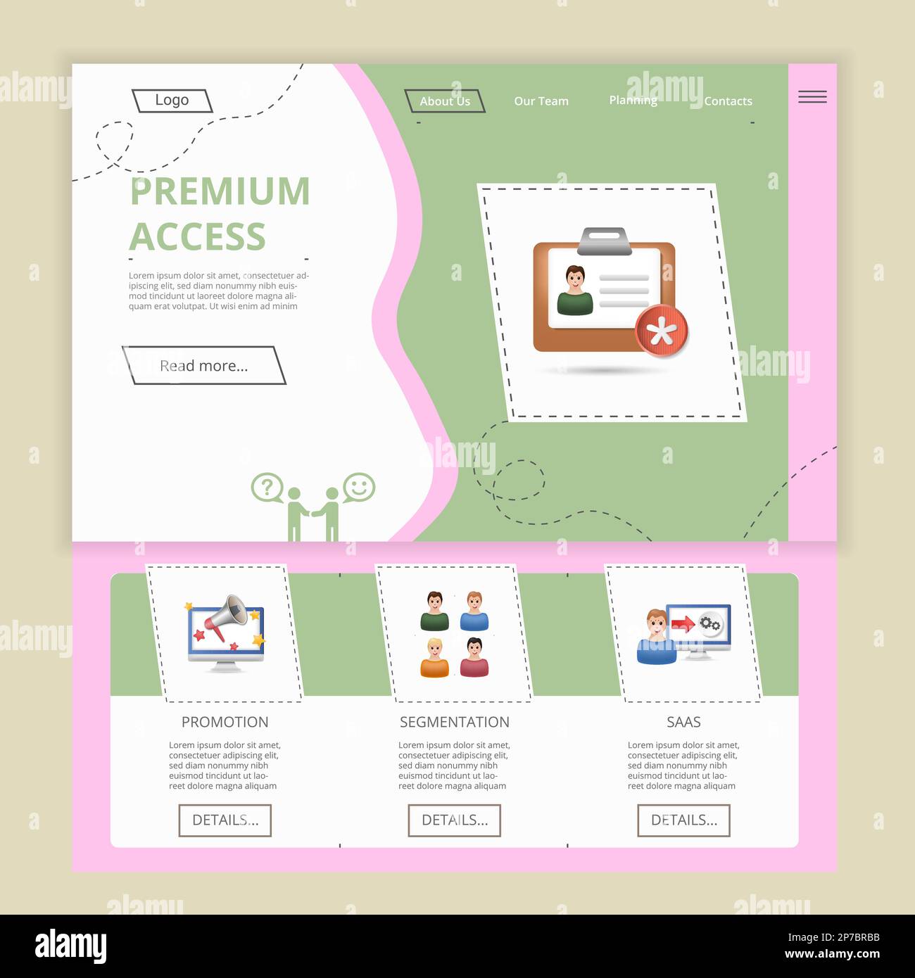 Modello di sito Web di landing page ad accesso premium. Promozione, segmentazione, SAAS. Banner Web con intestazione, contenuto e piè di pagina. Illustrazione vettoriale. Illustrazione Vettoriale