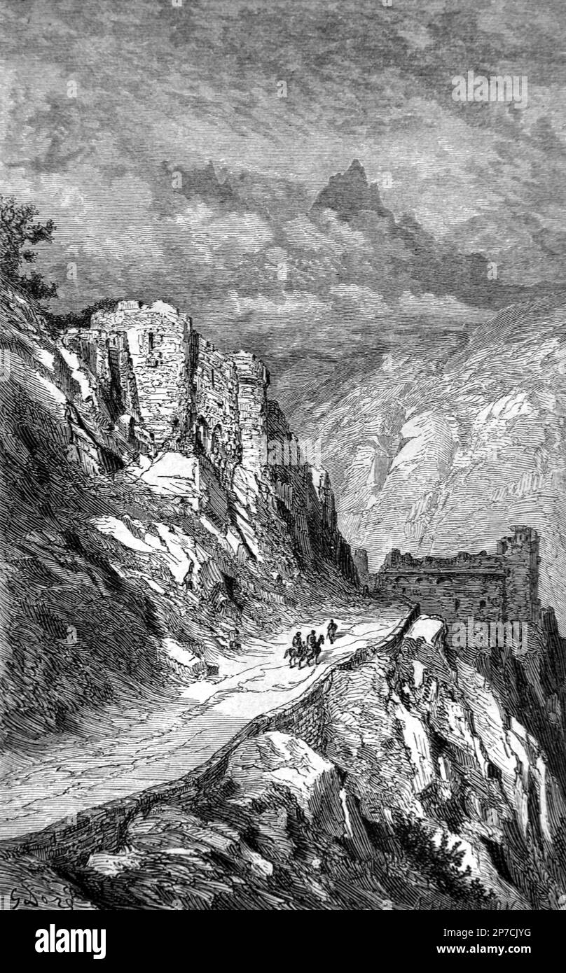 Col du Perthus, o Passo Perthus nei Pirenei al confine spagnolo francese. Incisione di Gustave Doré. Vintage o Hiistorical Engraving o Illustrazione 1862 Foto Stock