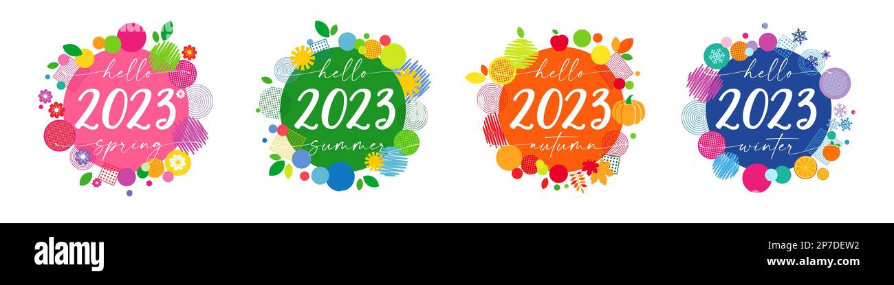 2023 quattro etichette Memfis per le stagioni. Ciao primavera, ciao estate, ciao autunno, ciao inverno isolato modello di sfondo grafico. Vettore creativo Illustrazione Vettoriale