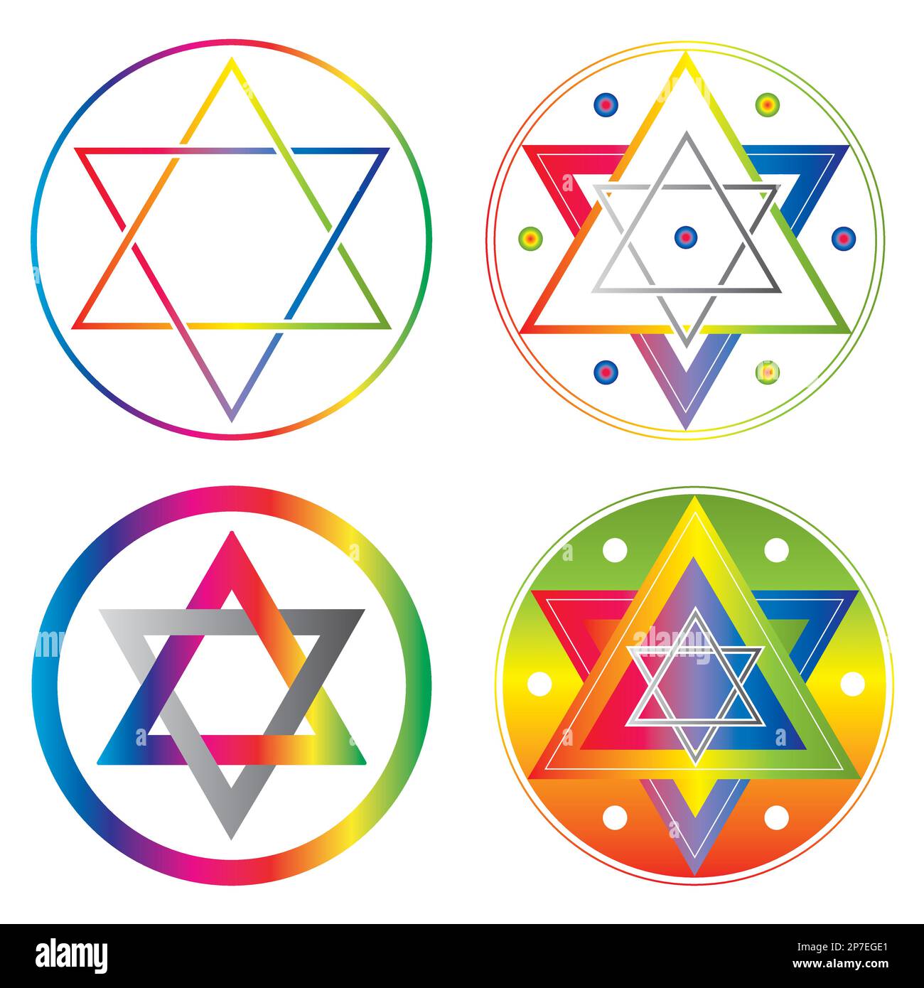 Set of Seal of Solomon icone Illustrazione Stella in simbolo cerchio Alchimia Sacra geometria colori arcobaleno Illustrazione Vettoriale