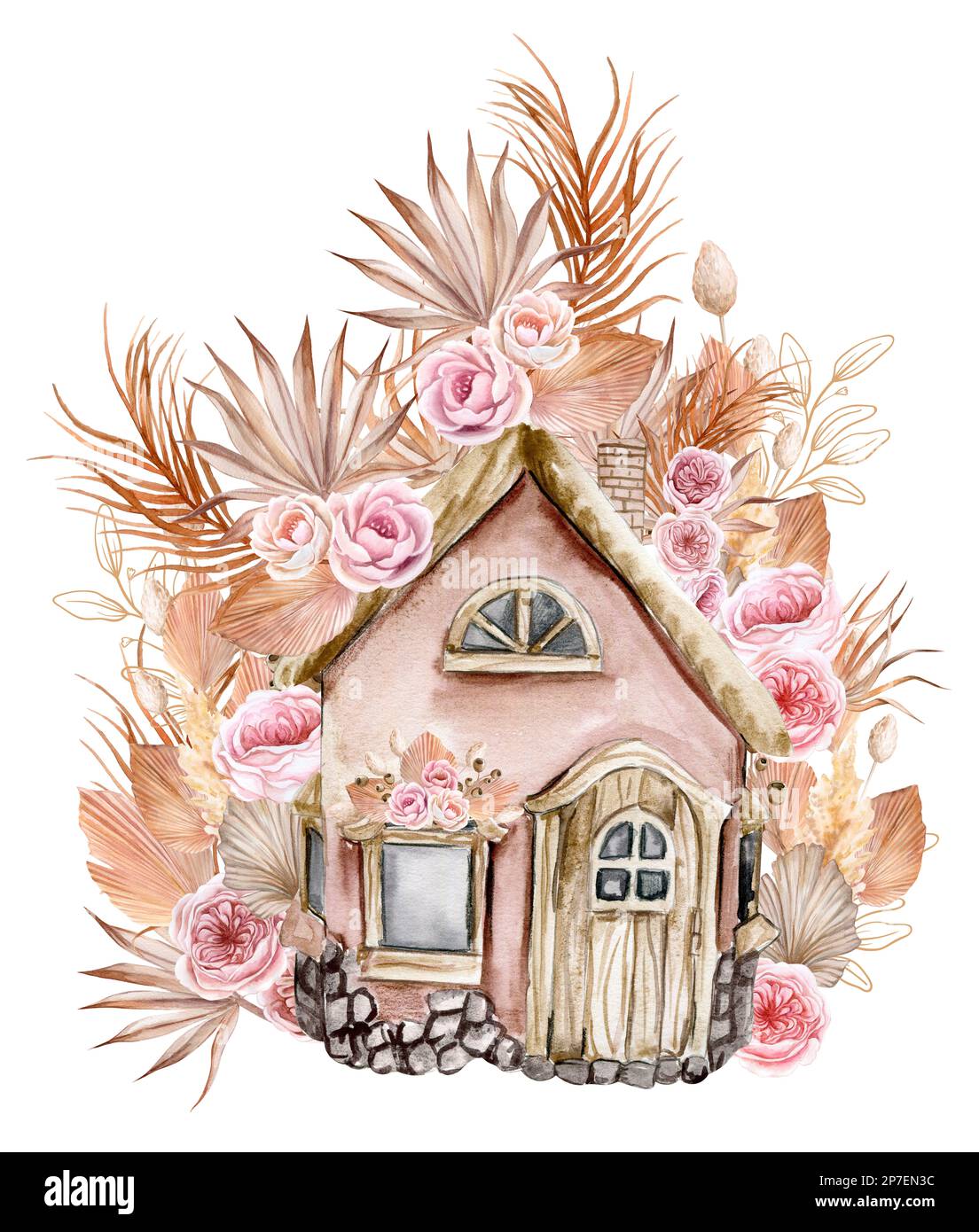 Acquerello composizione di una vecchia fattoria in legno e fiore rosa . Illustrazione disegnata a mano con acquerello su sfondo bianco. Foto Stock Acquerello composizione di una vecchia fattoria in legno e fiore rosa . Illustrazione disegnata a mano con acquerello su sfondo bianco. Foto Stock