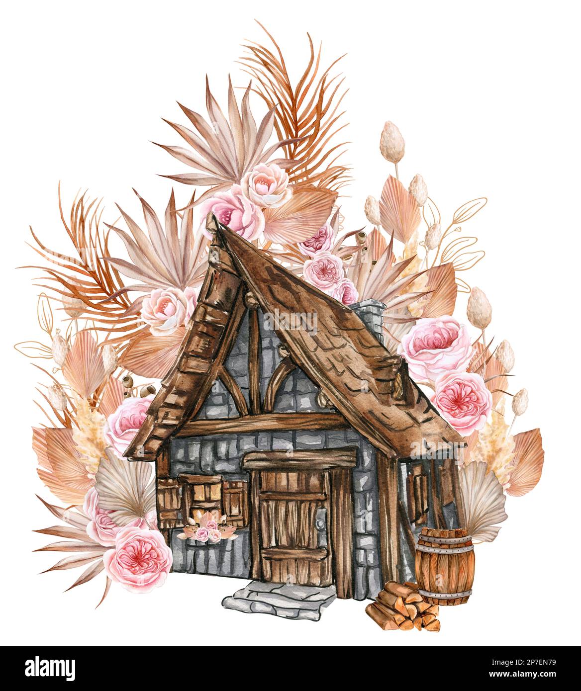 Acquerello composizione di una vecchia fattoria in legno e fiore rosa . Illustrazione disegnata a mano con acquerello su sfondo bianco. Foto Stock Acquerello composizione di una vecchia fattoria in legno e fiore rosa . Illustrazione disegnata a mano con acquerello su sfondo bianco. Foto Stock