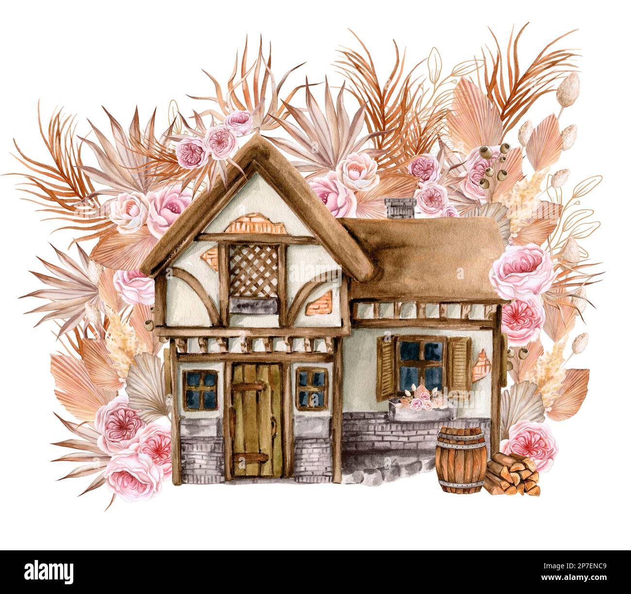 Acquerello composizione di una vecchia fattoria in legno e fiore rosa . Illustrazione disegnata a mano con acquerello su sfondo bianco. Foto Stock Acquerello composizione di una vecchia fattoria in legno e fiore rosa . Illustrazione disegnata a mano con acquerello su sfondo bianco. Foto Stock