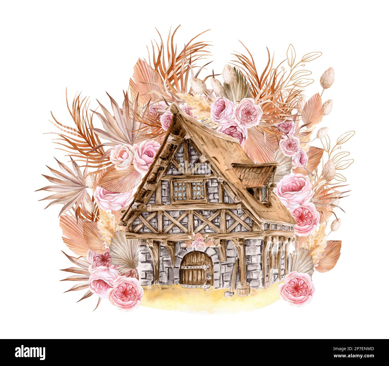 Acquerello composizione di una vecchia fattoria in legno e fiore rosa . Illustrazione disegnata a mano con acquerello su sfondo bianco. Foto Stock Acquerello composizione di una vecchia fattoria in legno e fiore rosa . Illustrazione disegnata a mano con acquerello su sfondo bianco. Foto Stock