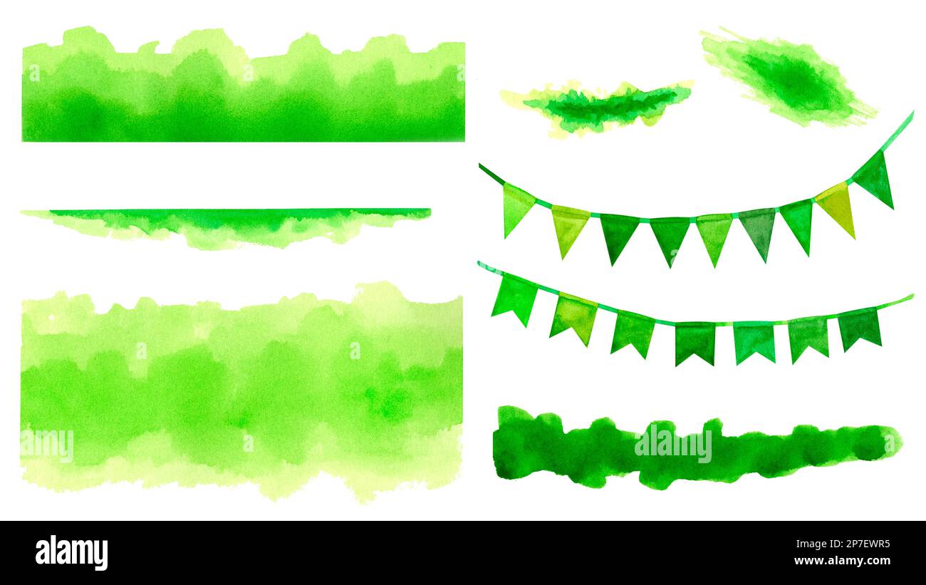 Acquerello disegnato a mano verde foglia trifoglio macchie e bandiere per St. Patrick's Day per buona fortuna. Elemento isolato su sfondo bianco Foto Stock