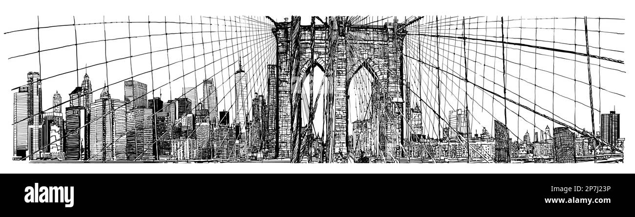 Panorama della città di New York Manhattan dal ponte di Brooklyn - illustrazione vettoriale (ideale per la stampa, poster o carta da parati, decorazione della casa) Illustrazione Vettoriale