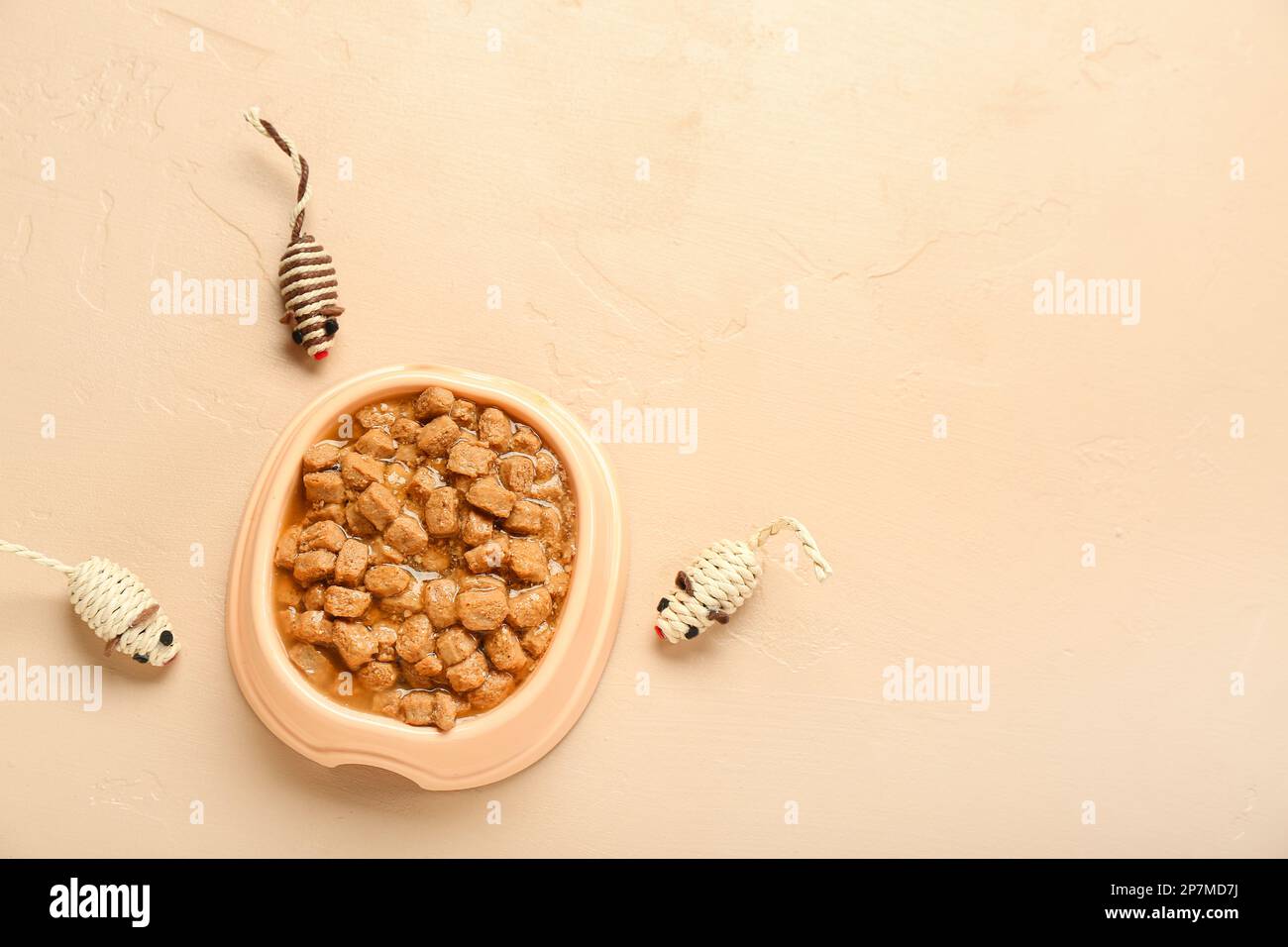 Ciotola di pappe bagnate e topi giocattolo su sfondo colorato Foto Stock