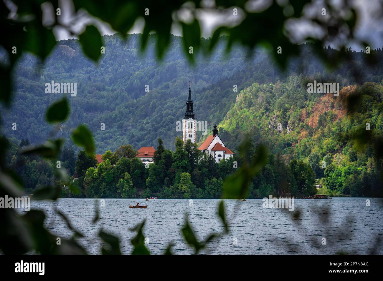 Lago di Bled con la chiesa dell'Assunzione di Maria incorniciata da foglie di albero Foto Stock