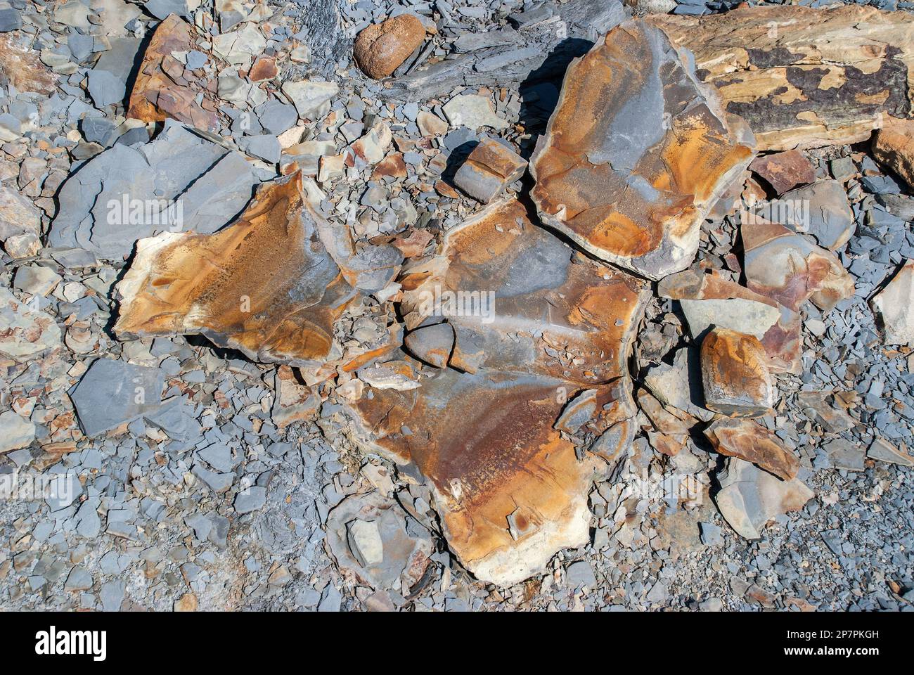 Pietra sulla spiaggia del porto abbandonato di Port Mulgrave da cui si esportava la pietra di ferro (uso portuale da tempo abbandonato), Foto Stock