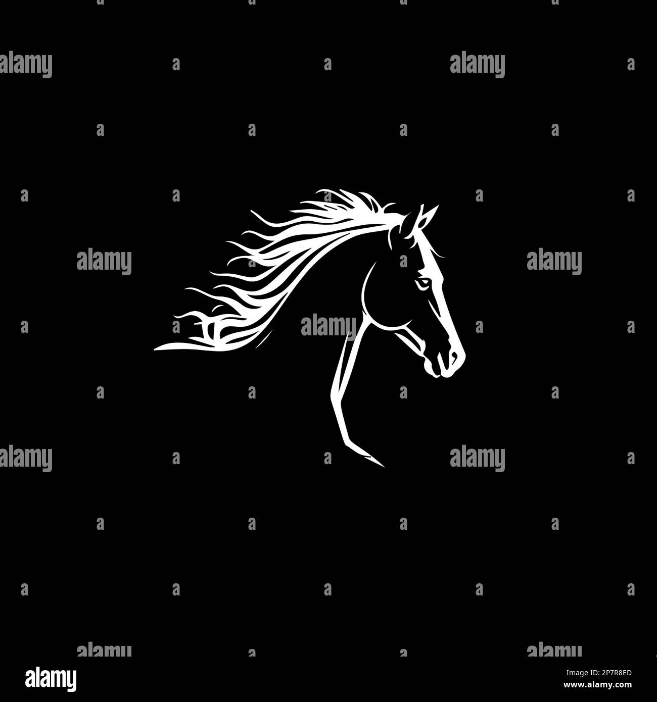 Modello minimalistico con logo, icona bianca con silhouette a cavallo su sfondo nero, moderno logo concept per l'identità aziendale, stampa t-shirt, tatuaggio Illustrazione Vettoriale