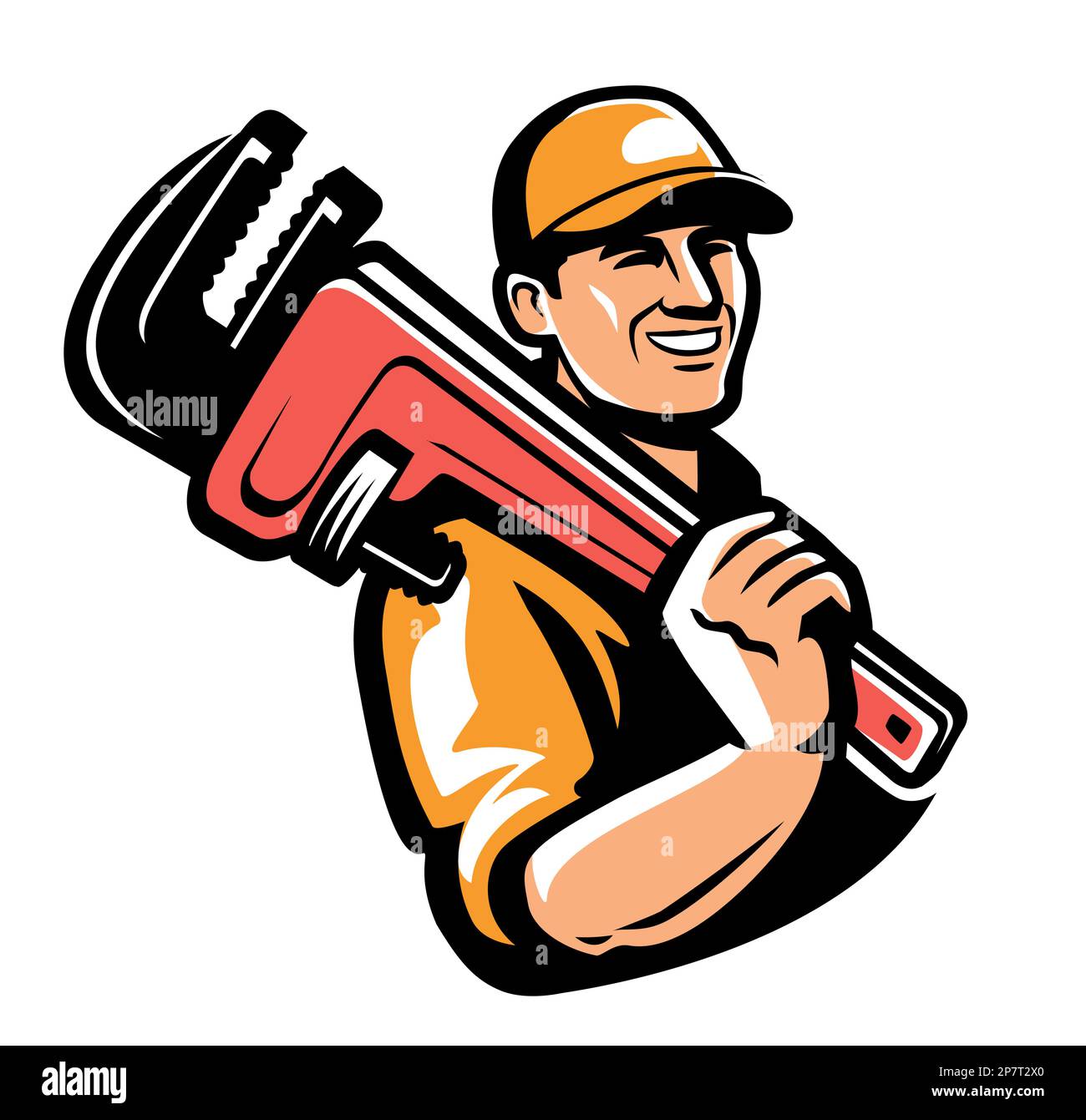 Lavoratore felice con l'attrezzatura di lavoro. Idraulico con logo o stemma per chiave. Illustrazione vettoriale Illustrazione Vettoriale