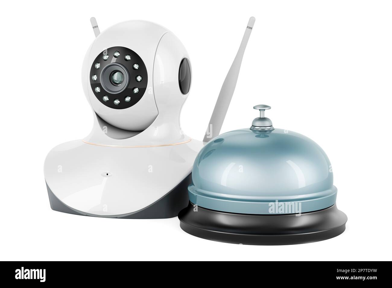 Campana di ricezione con telecamera Internet Protocol. 3D rendering isolato su sfondo bianco Foto Stock