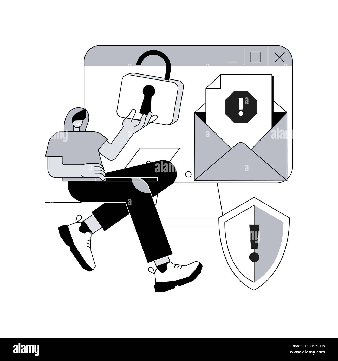 Illustrazione vettoriale del concetto astratto del malware. Software dannoso, virus informatico, programma malware, sviluppo di spyware, protezione e sicurezza antivirus online, metafora astratta degli attacchi informatici. Illustrazione Vettoriale