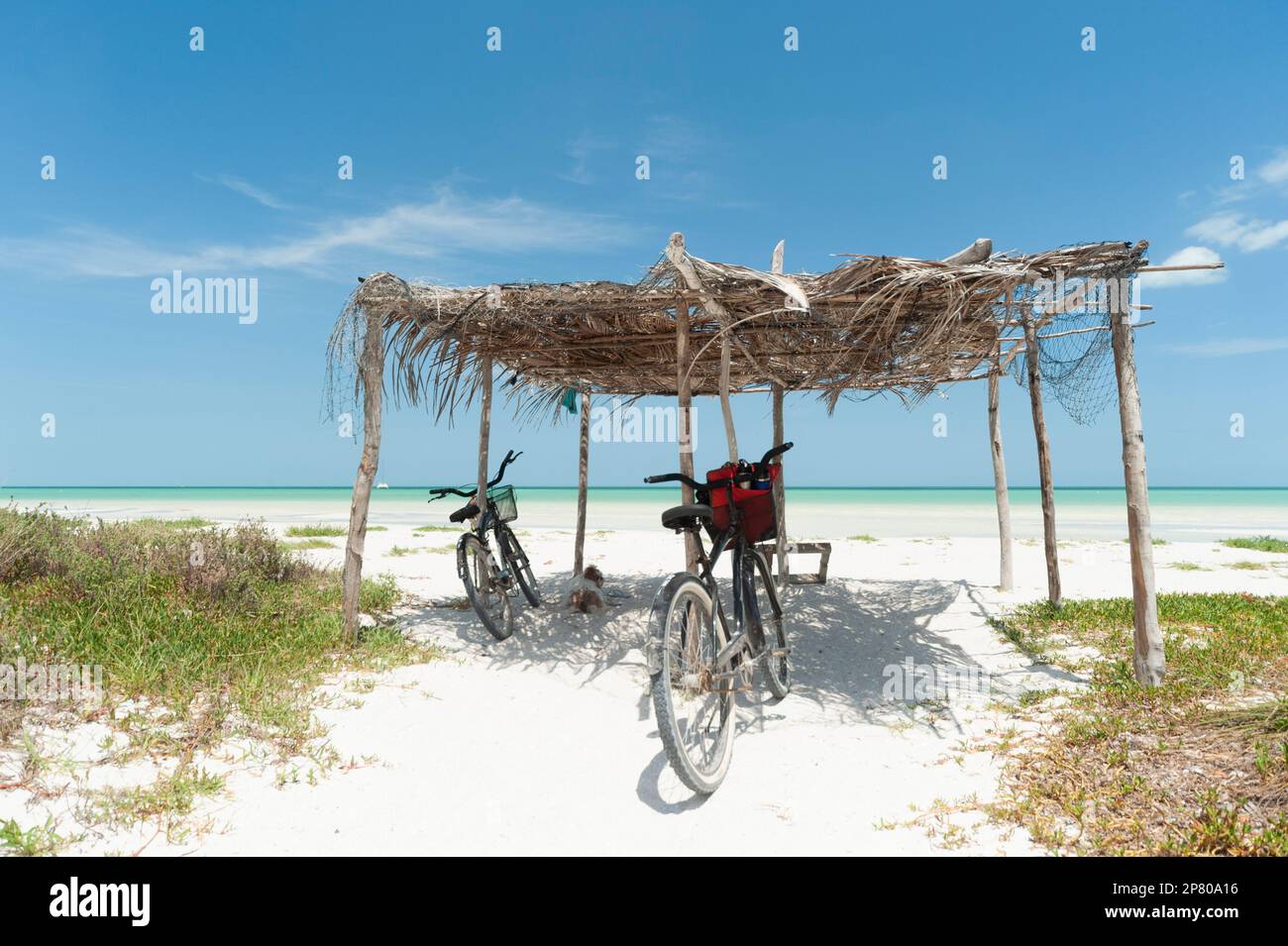 Le biciclette di eco-turisti in una capanna di spiaggia tropicale a pochi metri dai Caraibi Ses Foto Stock