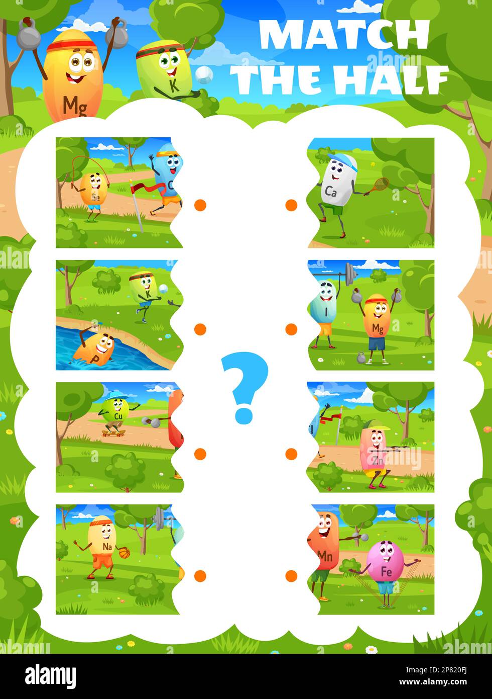 Abbina la metà dei personaggi sportivi della vitamina del cartone animato, foglio di lavoro del gioco vettoriale. Quiz per bambini per trovare le immagini adatte con micronutrienti sullo sport, Illustrazione Vettoriale