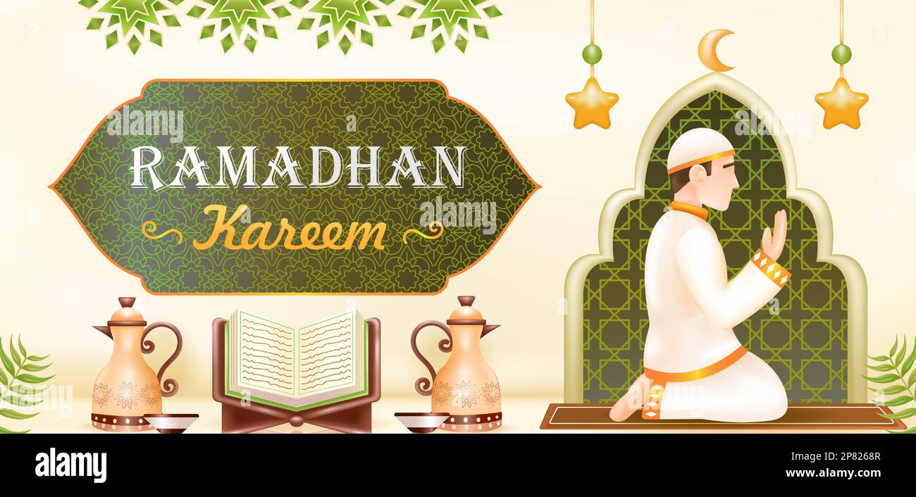 Ramadan kareem. 3d illustrazione di una moschea, di una lampada, di un tamburo, di un podio e di un uomo che prega Illustrazione Vettoriale