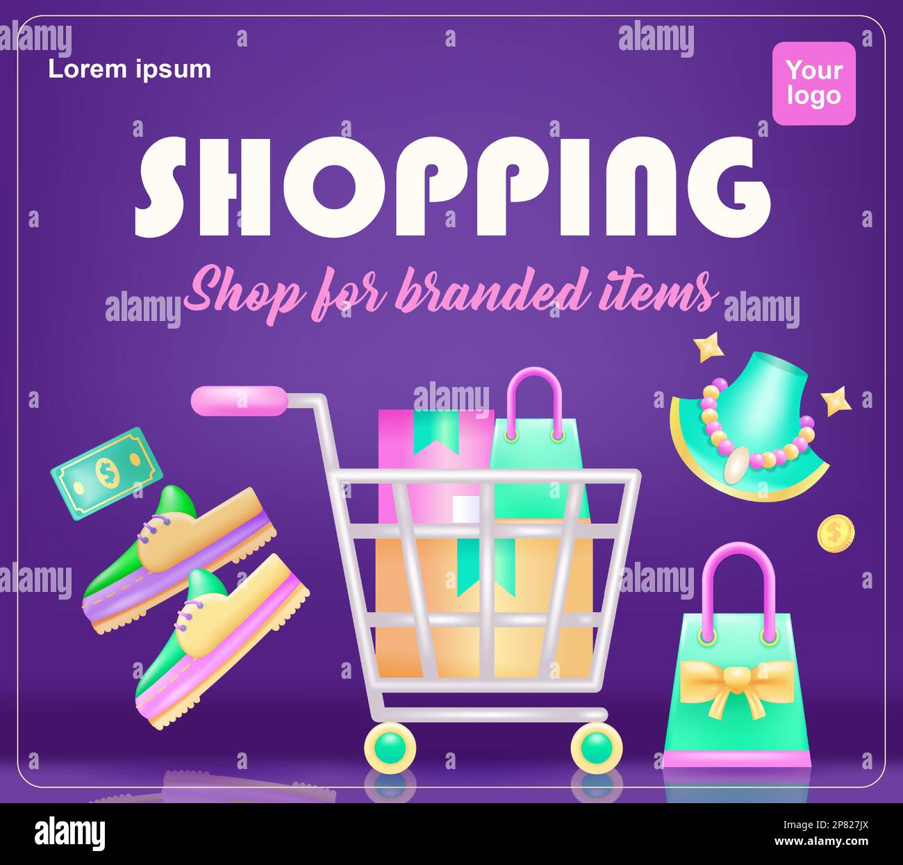 Shopping, shopping di prodotti di marca. 3d illustrazione di troly, scarpe e gioielli Illustrazione Vettoriale