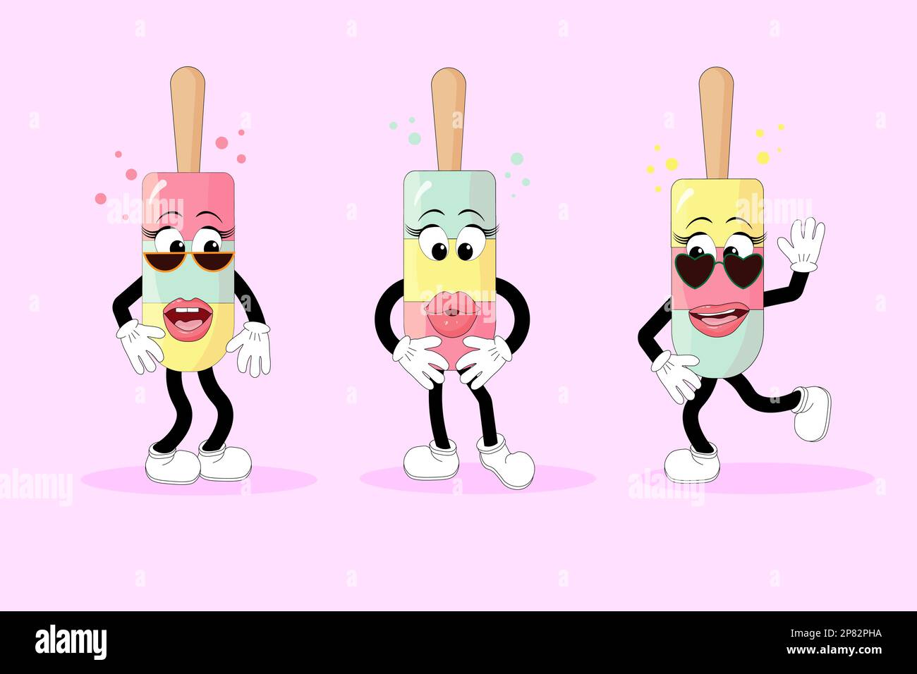 Gelato colorato su un bastone in stile cartone animato. Mascotte vettoriali su sfondo isolato. Illustrazione Vettoriale