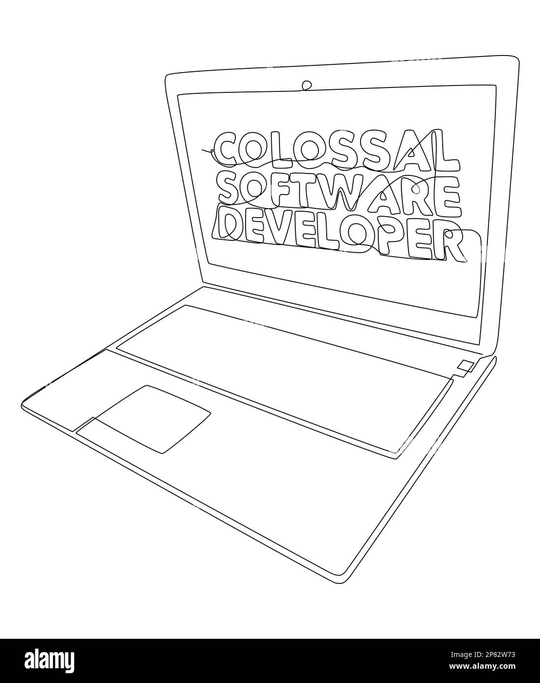 Una linea continua di notebook con una parola colossale per sviluppatori di software. Concetto di vettore di illustrazione a linea sottile. Disegno di contorno idee creative. Illustrazione Vettoriale