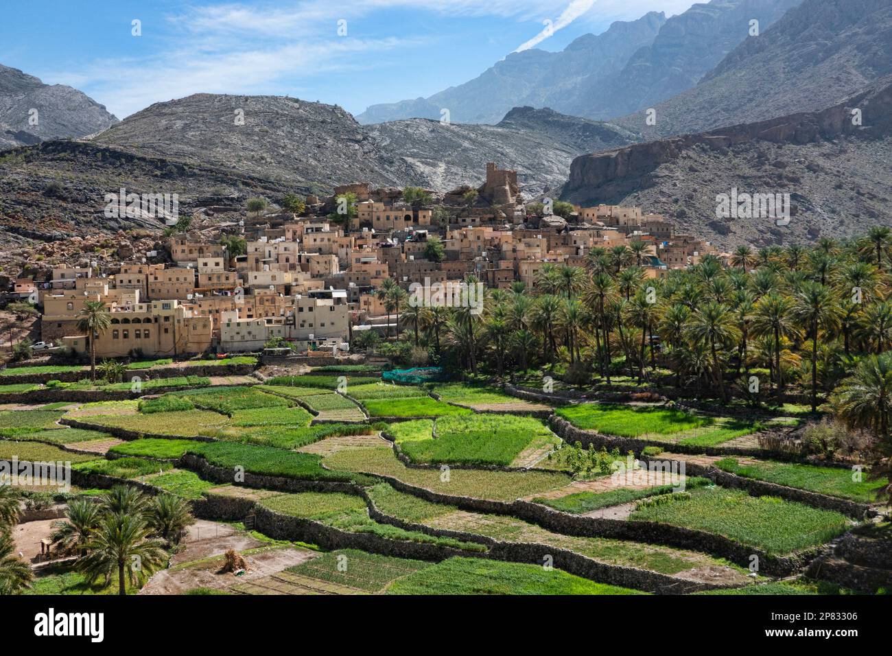 L'incantevole villaggio di oasi di Bald Sayt (Balad Sayt), Western Hajar Mountains, Ash Sharaf, Oman Foto Stock