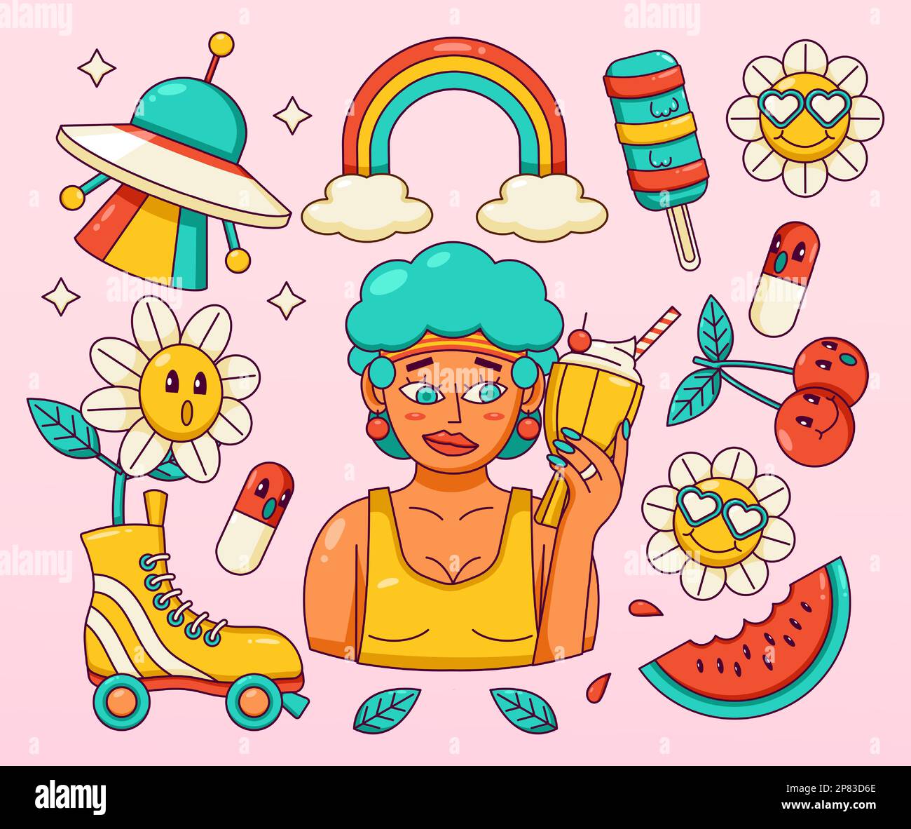 Vettore grovy. Donna che detiene gelato, pattini a rotelle, ufo, chery, arcobaleno e fiori Illustrazione Vettoriale