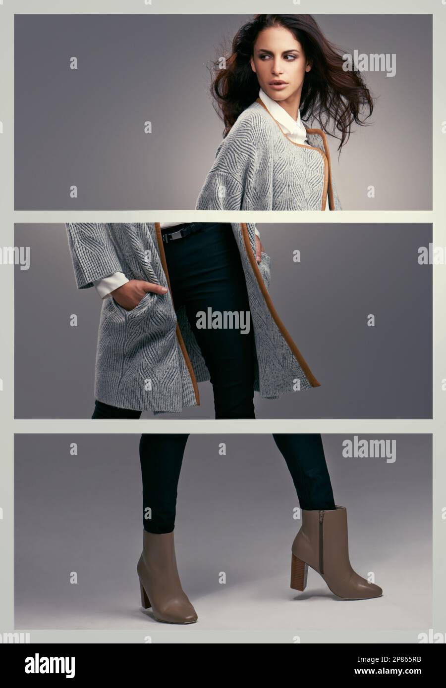 Tre lati di stile. Studio di una giovane donna vestita elegantemente su uno sfondo grigio. Foto Stock
