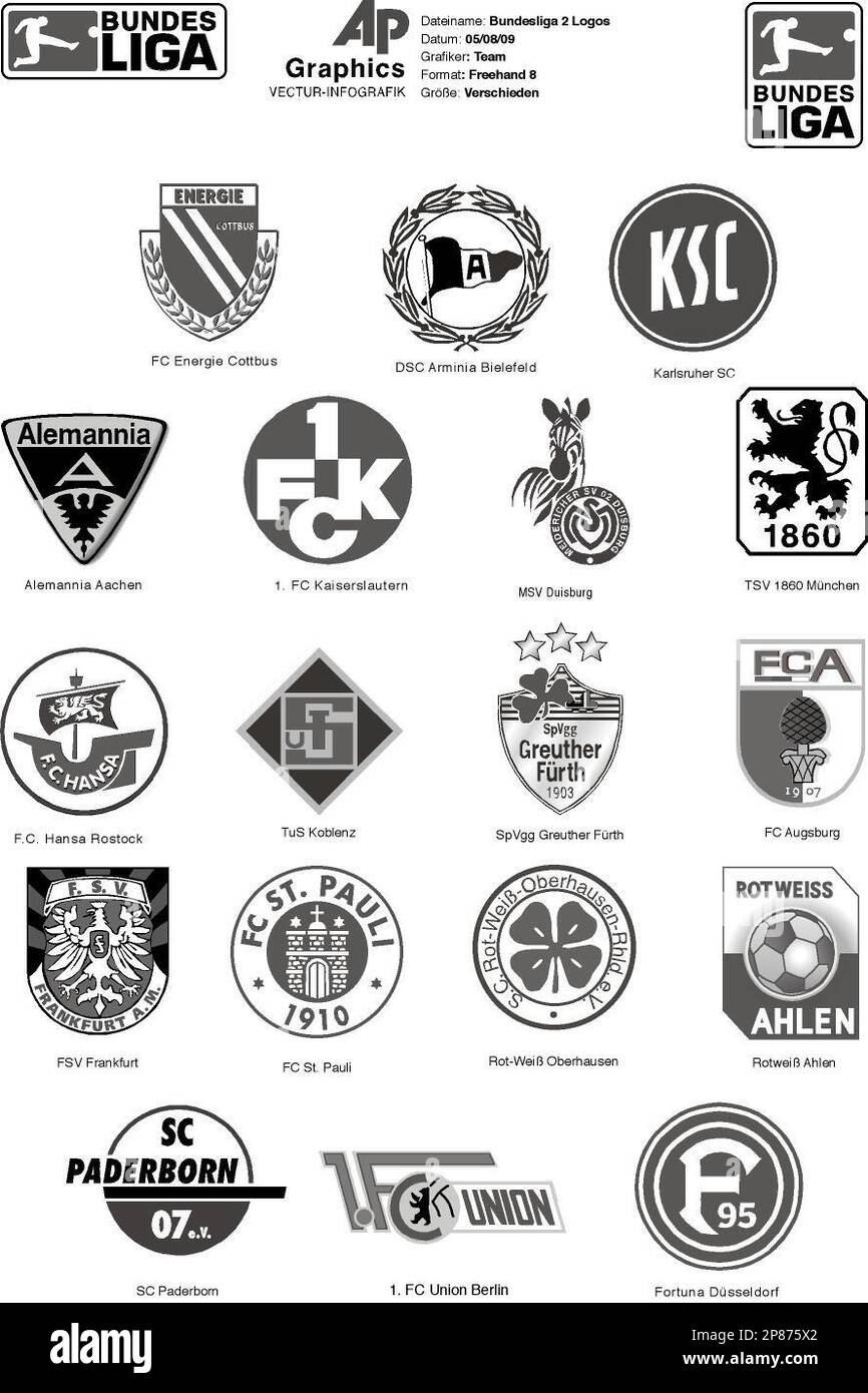 GRA4 GRAFIK BUNDESLIGA 2 LOGOS - Zeichnungen der aktuellen Vereinslogos der Mannschaften in der zweiten Fussball-Bundesliga sowie des Liga-Logos. Verschiedene Groessen. Foto Stock