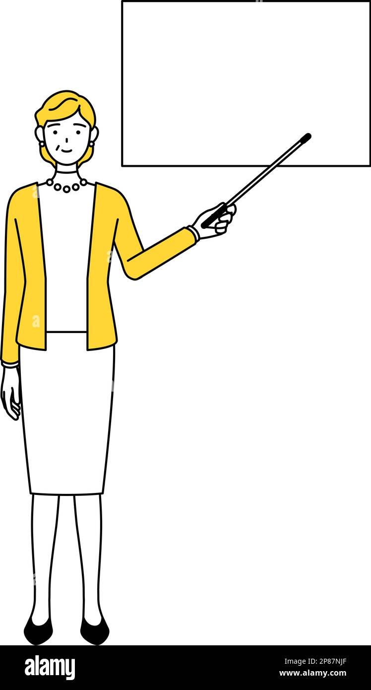 Anziani pensionati, donna di mezza età, che indica una lavagna bianca con un indicatore stick, Vector Illustration Illustrazione Vettoriale