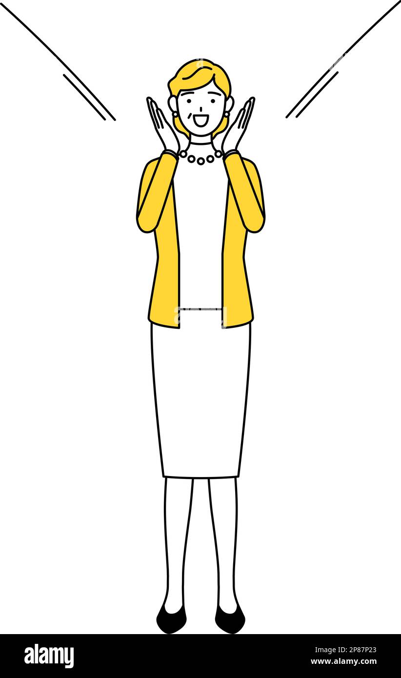 Anziani in pensione, donna di mezza età, che chiama con la mano sopra la bocca, Vector Illustration Illustrazione Vettoriale