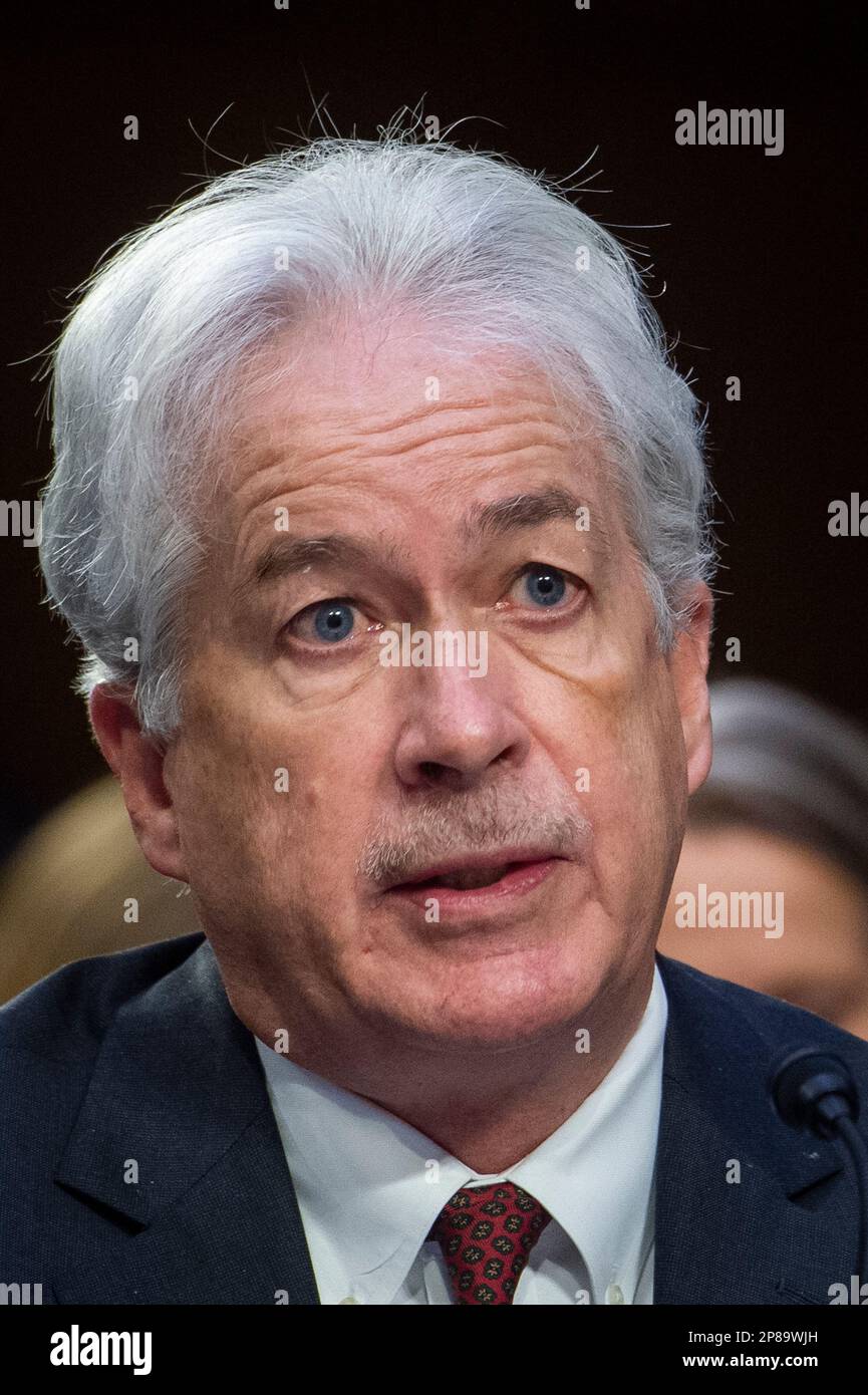 Washington, Stati Uniti. 08th Mar, 2023. Il direttore, William J. Burns, Central Intelligence Agency, appare davanti ad una Commissione del Senato sull'audizione di intelligence per esaminare le minacce mondiali, nell'edificio dell'ufficio del Senato di Hart a Washington, DC, USA, mercoledì 8 marzo, 2023. Foto di Rod Lamkey/CNP/ABACAPRESS.COM Credit: Abaca Press/Alamy Live News Foto Stock