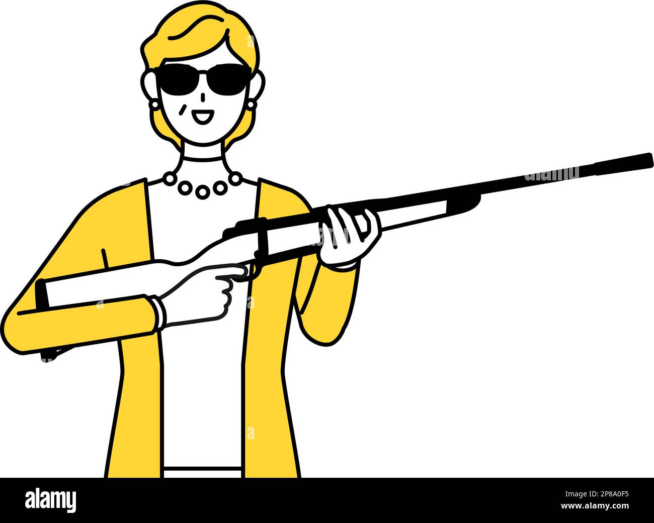 Anziani in pensione, donna di mezza età, con occhiali da sole e tenendo un fucile, Vector Illustration Illustrazione Vettoriale
