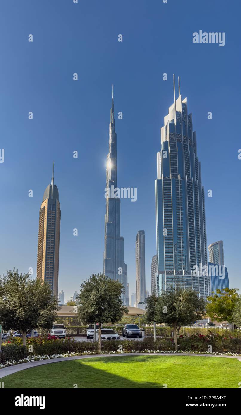 Una vista del Burj Khalifa dal Rove Hotel Downtown a Dubai Foto Stock