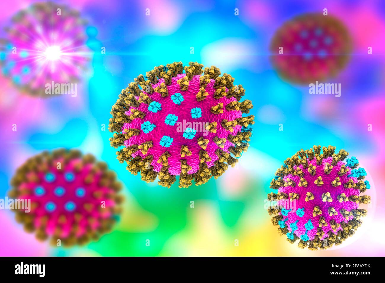 Virus influenzali, illustrazione del computer. Ciascun virus è costituito da un nucleo di materiale genetico RNA (acido ribonucleico) circondato da un rivestimento proteico (viola). Em Foto Stock