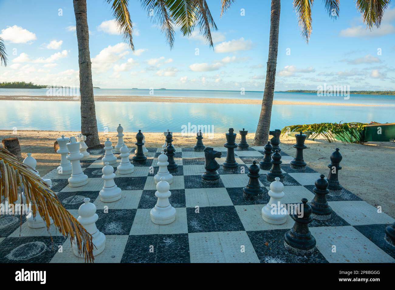 Grande tappeto per scacchi all'aperto e pezzi allestiti all'ombra di palme sulla spiaggia dell'isola tropicale. Foto Stock Grande tappeto per scacchi all'aperto e pezzi allestiti all'ombra di palme sulla spiaggia dell'isola tropicale. Foto Stock