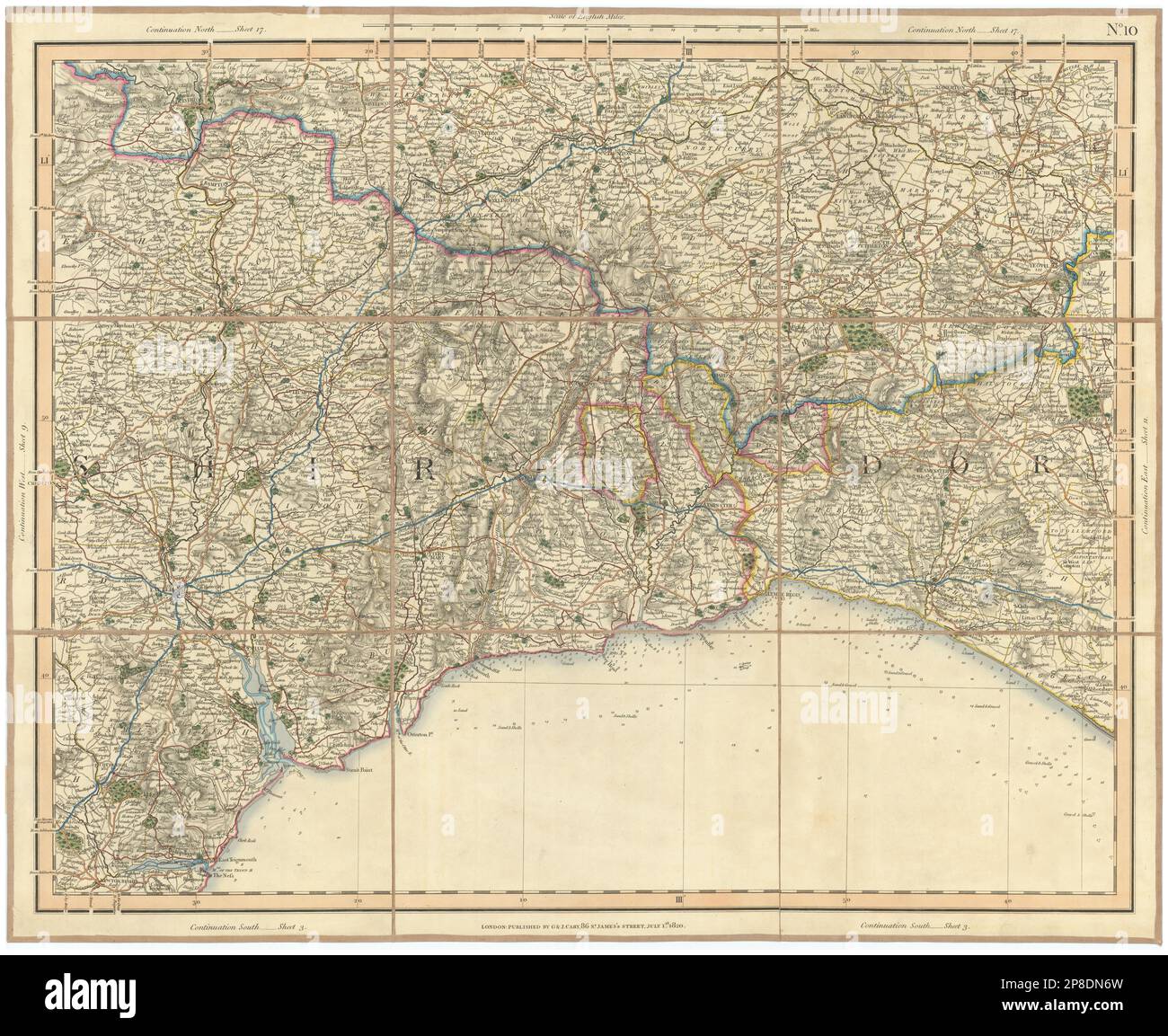 JURASSIC COAST & BLACKDOWN HILLS. Devon Dorset Somerset. CARY 1832 vecchia mappa Foto Stock