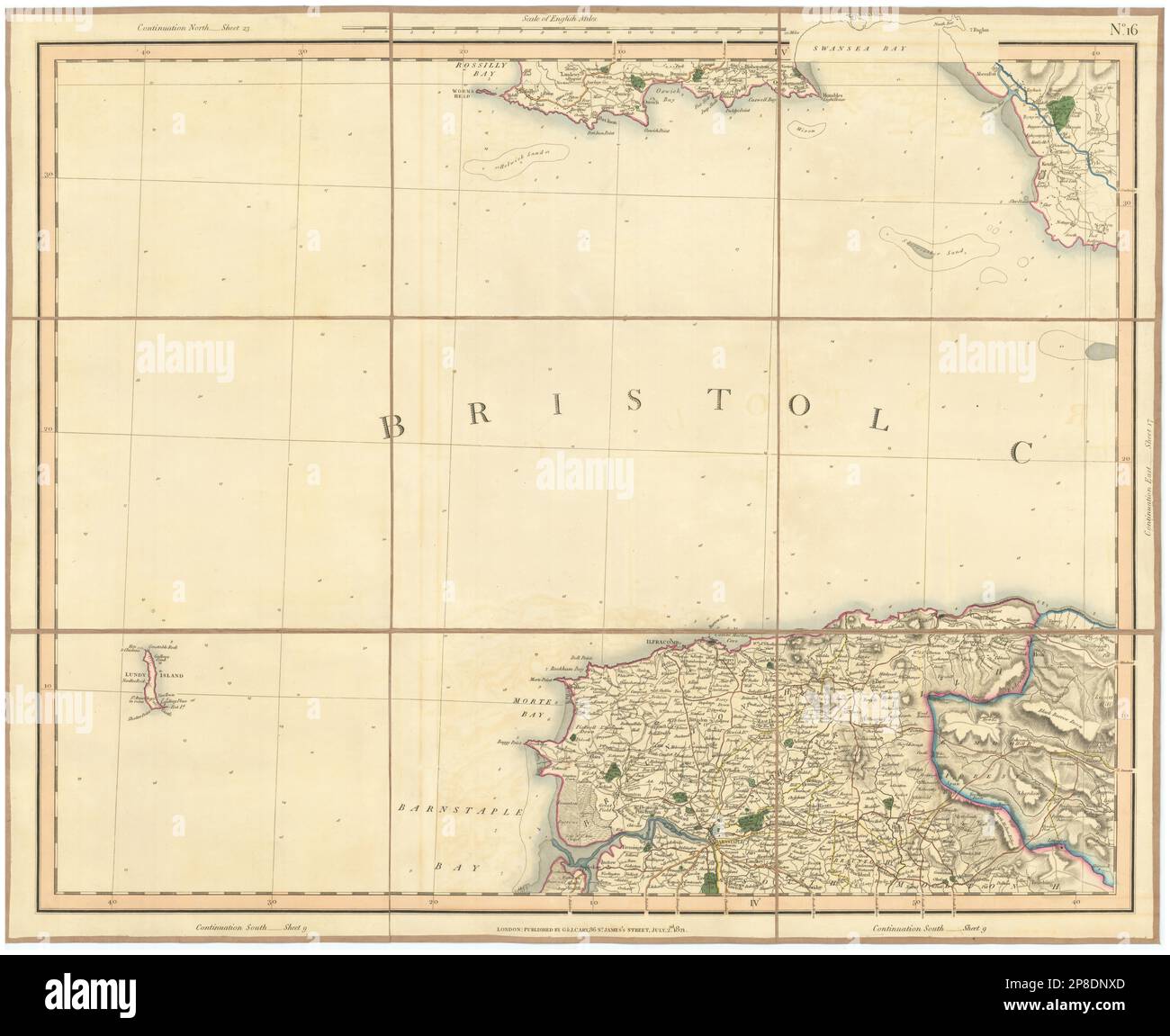 BRISTOL CANALE, GOWER & NORTH DEVON COSTE. Mappa di Exmoor & Lundy Island CARY 1832 Foto Stock