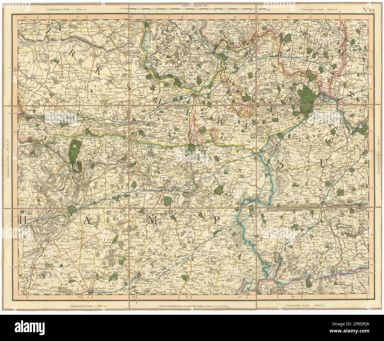 SURREY HILLS, THAMES VALLEY E WESSEX DOWNS. Berkshire, Hampshire. Mappa CARY 1832 Foto Stock