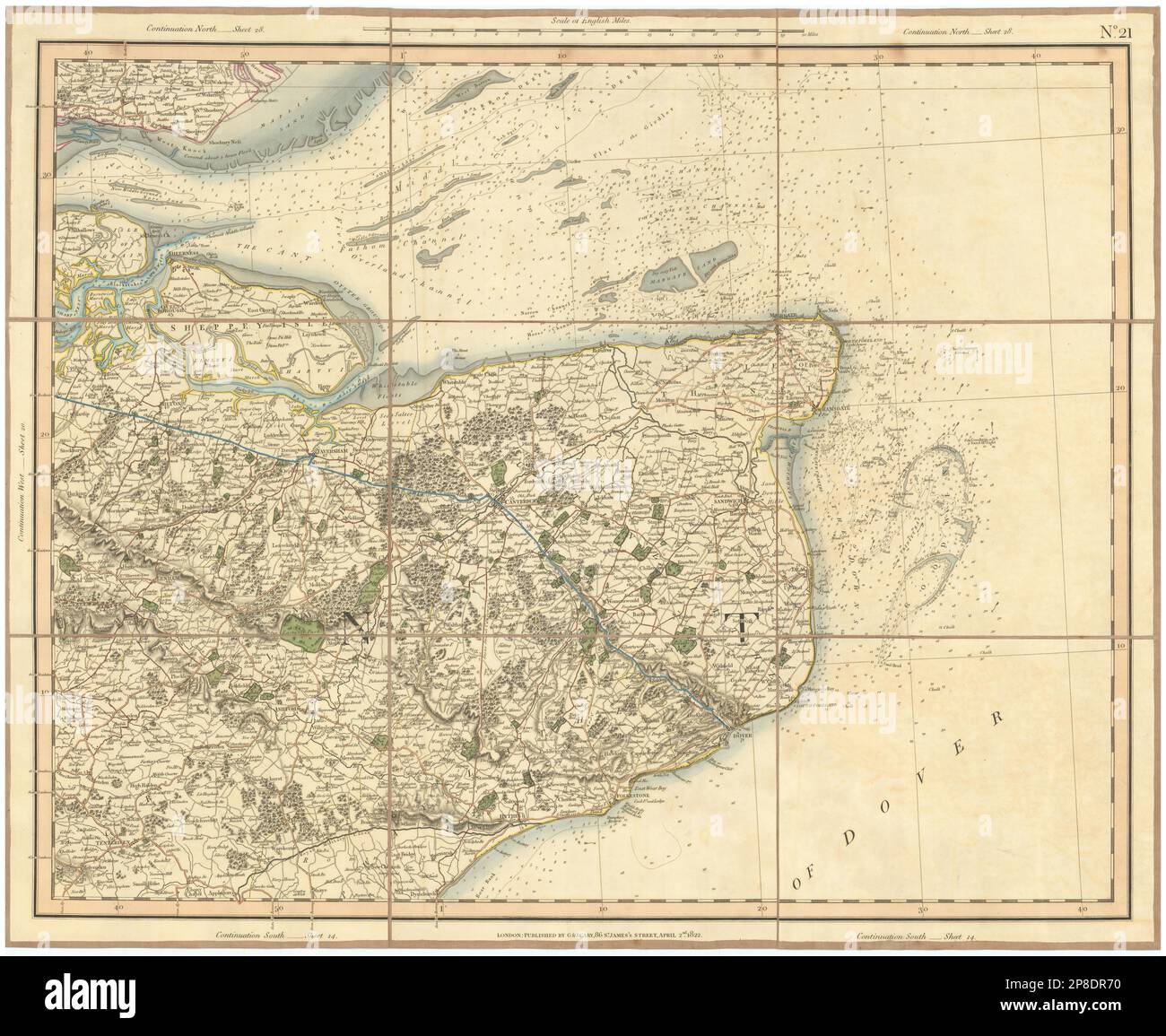 ESTUARIO DEL TAMIGI E KENT ORIENTALE. North Downs, Isles of Sheppey e Thanet CARY mappa 1832 Foto Stock